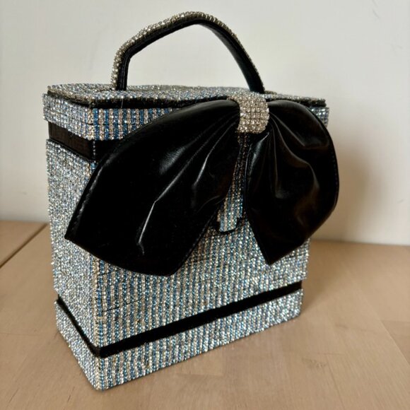 Adorable Evening Purse with Blue and White Glass Rhinestones and Big Bow - Picture 3 of 8